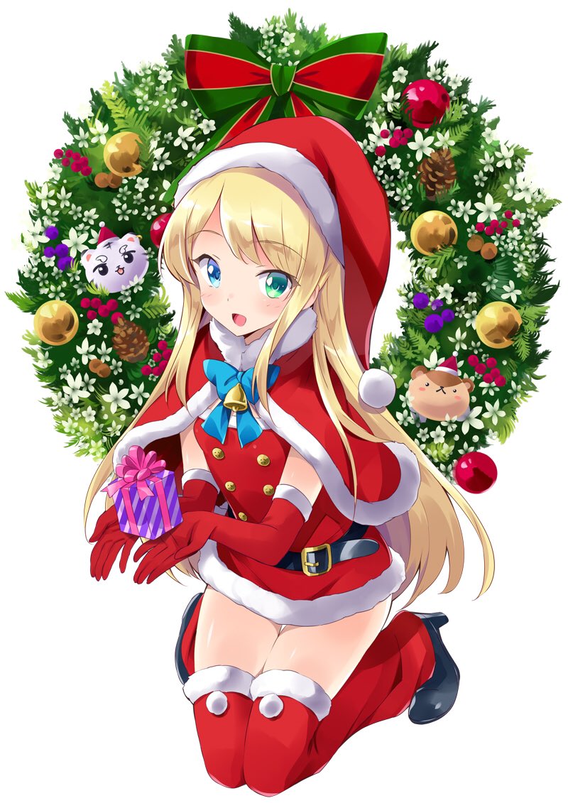 1girl blonde_hair blue_eyes blush box cape christmas christmas_tree full_body gift gift_box gloves green_eyes hat isekai_wa_smartphone_to_tomo_ni. kohaku_(isekai_wa_smartphone_to_tomo_ni.) long_hair looking_at_viewer novel_illustration official_art open_mouth red_footwear red_gloves santa_costume santa_hat simple_background smile thighhighs usatsuka_eiji white_background yumina_elnea_belfast