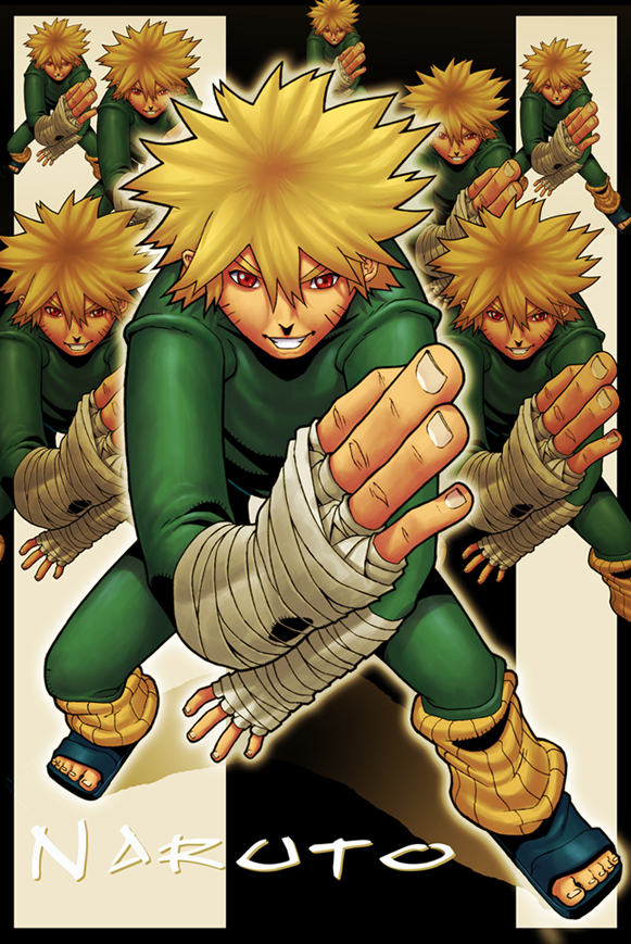 6+boys bandages blonde_hair cosplay dxsinfinite fighting_stance leg_warmers male_focus multiple_boys naruto naruto_(series) red_eyes rock_lee rock_lee_(cosplay) sandals short_hair simple_background smile spandex teeth uzumaki_naruto