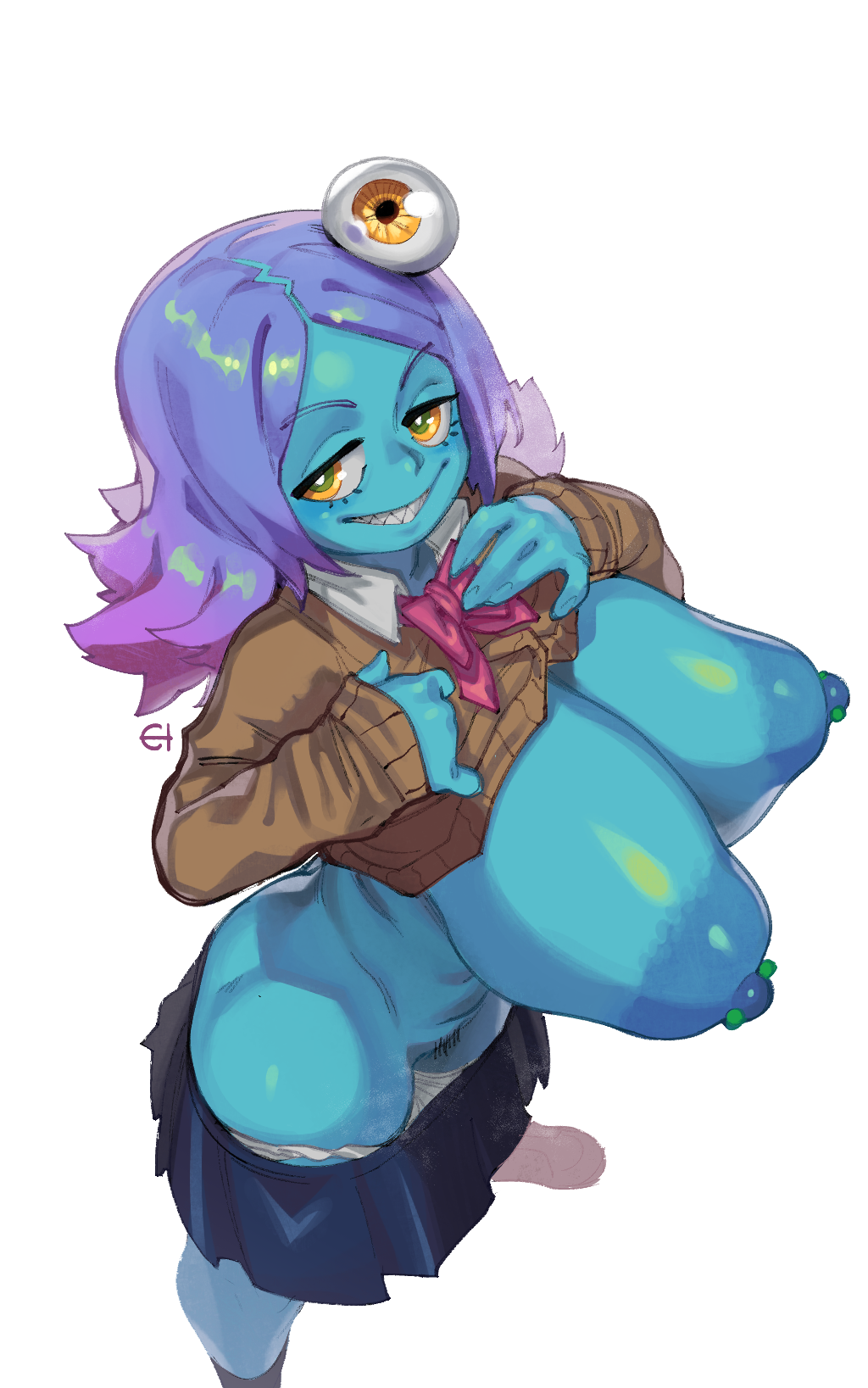 1girl alien aqua_skin arm_up breasts cardigan clothes_lift clothes_pull colored_skin cowboy_shot eigaka eyeball female_pubic_hair green_skin highres huge_breasts looking_at_viewer midori_(uchuu_patrol_luluco) nipple_bar nipple_piercing nipples piercing pubic_hair purple_hair ribbon ringed_eyes school_uniform sharp_teeth shirt_lift simple_background skirt skirt_pull smile solo standing teeth uchuu_patrol_luluco white_background yellow_eyes