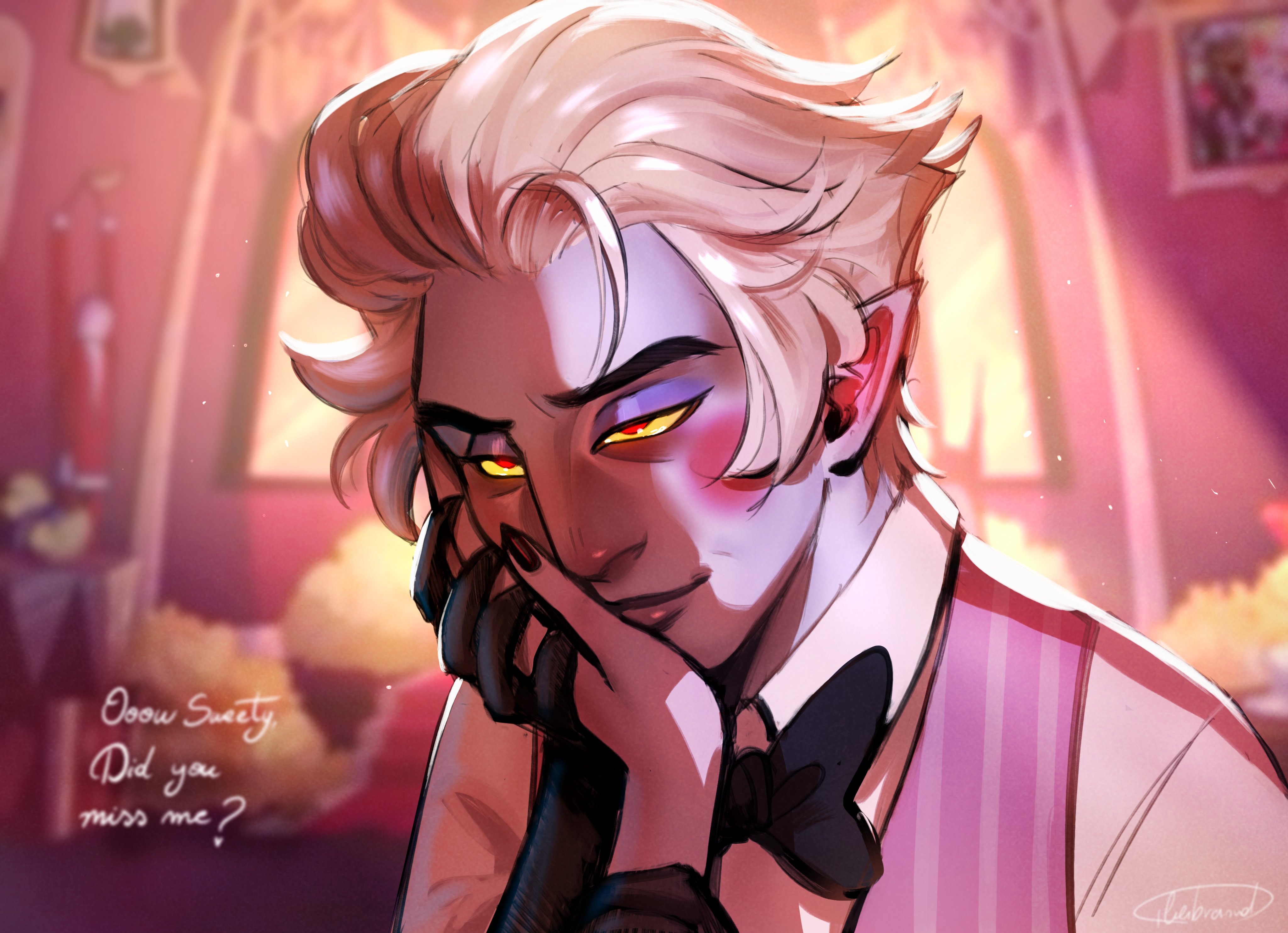 4lienbrainrot absurdres blonde_hair blush_stickers demon_boy fingernails hair_slicked_back hazbin_hotel highres lilith_(hazbin_hotel) lucifer_morningstar_(hazbin_hotel) pointy_ears red_eyes sharp_fingernails smile