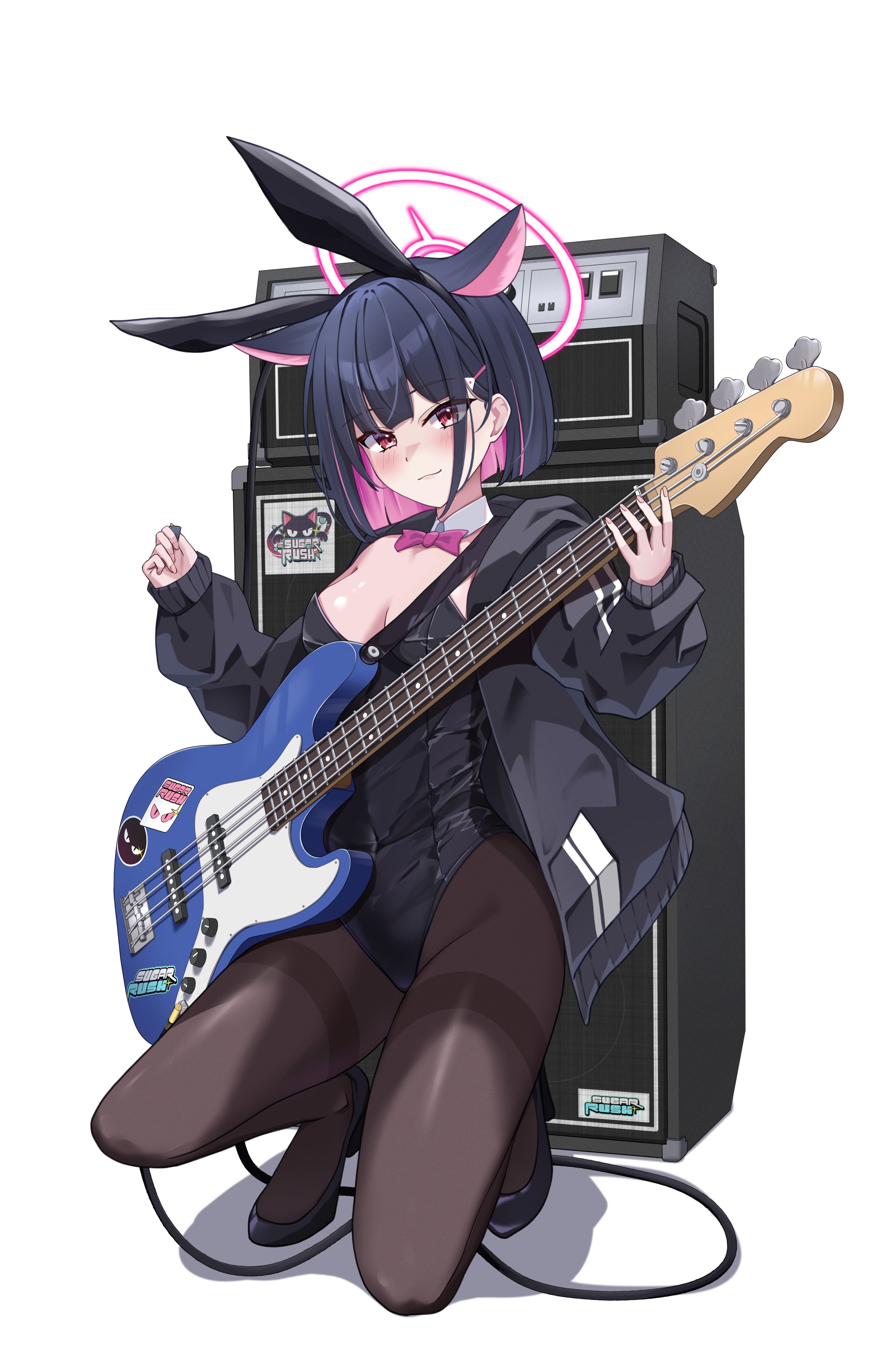 1girl absurdres alternate_costume animal_ears bass_guitar black_hair black_hoodie black_leotard blue_archive blunt_bangs blunt_ends blush bob_cut bow bowtie breasts brown_pantyhose cat_ears cat_girl closed_mouth colored_inner_animal_ears colored_inner_hair commentary_request detached_collar bass_guitar extra_ears fake_animal_ears fender_jazz_bass full_body hair_ornament hairclip halo hands_up hibika high_heels highleg highleg_leotard highres holding holding_bass_guitar holding_instrument holding_plectrum hood hood_down hoodie instrument kazusa_(band)_(blue_archive) kazusa_(blue_archive) leotard looking_at_viewer medium_breasts multicolored_hair official_alternate_costume open_clothes open_hoodie pantyhose pink_bow pink_bowtie pink_hair pink_halo playboy_bunny plectrum rabbit_ears red_eyes shadow simple_background single_bare_shoulder sleeves_past_wrists smile solo squatting strapless strapless_leotard thighband_pantyhose thighs white_background