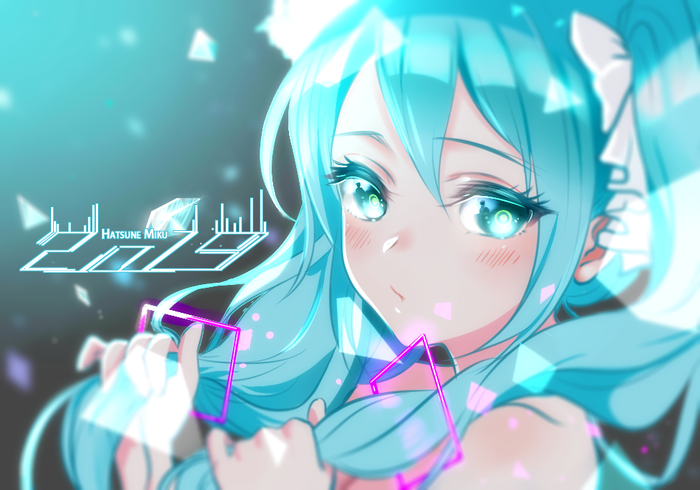 1girl aqua_eyes aqua_hair bare_shoulders blurry blurry_background blurry_foreground blush closed_mouth commentary_request crystal depth_of_field expressionless eyelashes frills gou_d hair_between_eyes hatsune_miku hatsune_miku_(vocaloid4)_(chinese) holding holding_own_hair long_hair looking_at_viewer portrait ringed_eyes solo twintails vocaloid