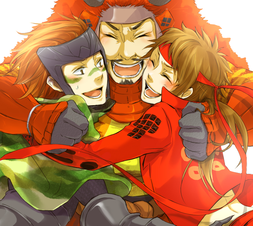 3boys :d ^_^ armor blush brown_eyes brown_hair camouflage capelet closed_eyes gloves green_capelet grey_gloves group_hug headband helmet hug japanese_armor long_hair looking_at_another male_focus mogmahiru multiple_boys open_mouth red_headband sanada_yukimura_(sengoku_basara) sarutobi_sasuke_(sengoku_basara) sengoku_basara short_hair simple_background smile sweatdrop takeda_shingen_(sengoku_basara) upper_body white_background
