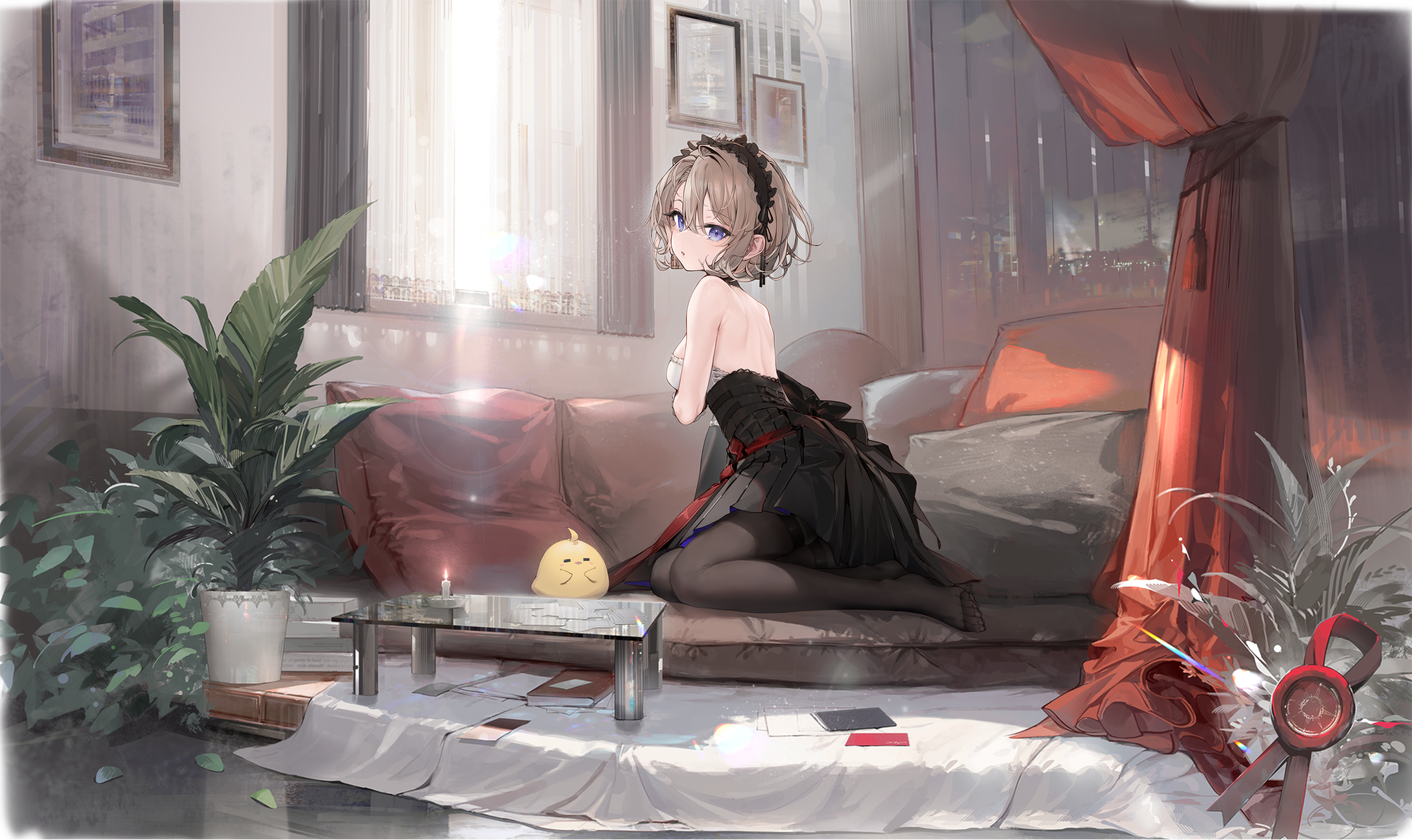 1girl absurdres artist_request azur_lane backless_dress backless_outfit black_dress black_pantyhose breasts brown_hair dress from_side glass_table hair_between_eyes highres indoors looking_at_viewer looking_to_the_side manjuu_(azur_lane) medium_breasts non-web_source official_alternate_costume official_art pantyhose pillow plant potted_plant purple_eyes revision short_hair sitting solo table transparent_background yokozuwari z23_(azur_lane) z23_(tanz_der_blumen)_(azur_lane)