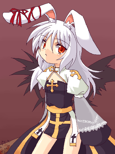 1girl 2000s_(style) :&lt; animal_ear_fluff animal_ears arch_bishop_(ragnarok_online) black_dress black_wings blush bow brown_background cleavage_cutout closed_mouth clothing_cutout commentary_request cowboy_shot cross dress ear_ribbon expressionless feathered_wings flat_chest juliet_sleeves long_hair long_sleeves looking_at_viewer oekaki puffy_sleeves rabbit_ears rabbit_girl ragnarok_online red_eyes red_ribbon ribbon sash shirokuro_(lapinnoir) simple_background solo two-tone_dress white_dress white_hair wings yellow_sash