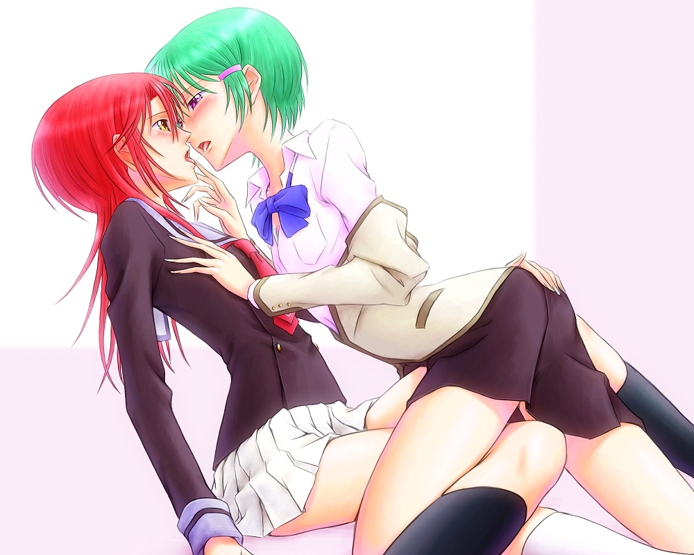 2girls bonnie_(rsg) dry_humping fuyuumi_shoko green_hair hand_on_another&#039;s_ass hand_on_another&#039;s_chest hino_kahoko humping la_corda_d&#039;oro multiple_girls red_hair tribadism white_background yellow_eyes yuri