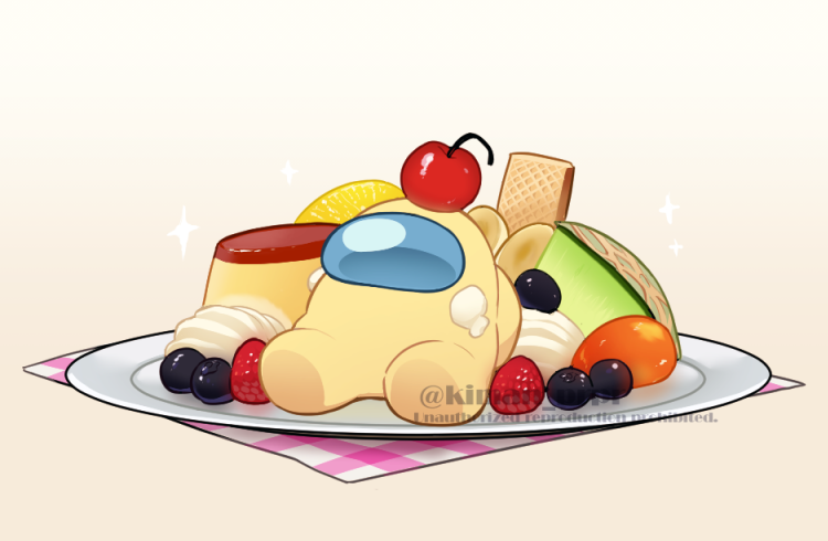 among_us astronaut brown_(among_us) cake cherry cream food fruit grey_background kiman plate pudding_a_la_mode simple_background sitting spacesuit