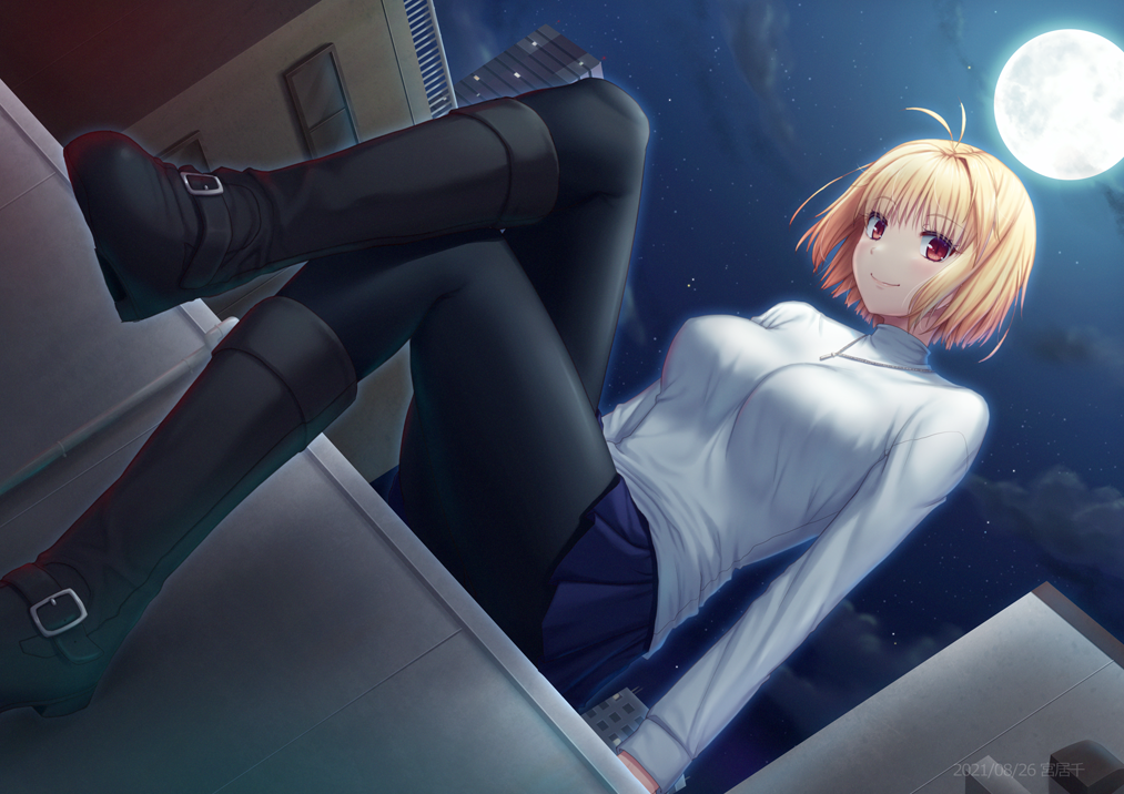 1girl ahoge arcueid_brunestud black_footwear black_hair black_pantyhose blue_skirt boots breasts building full_moon knee_boots long_sleeves looking_at_viewer melty_blood miyai_sen moon night pantyhose pleated_skirt red_eyes shirt short_hair sitting skirt smile tsukihime turtleneck type-moon urban white_shirt
