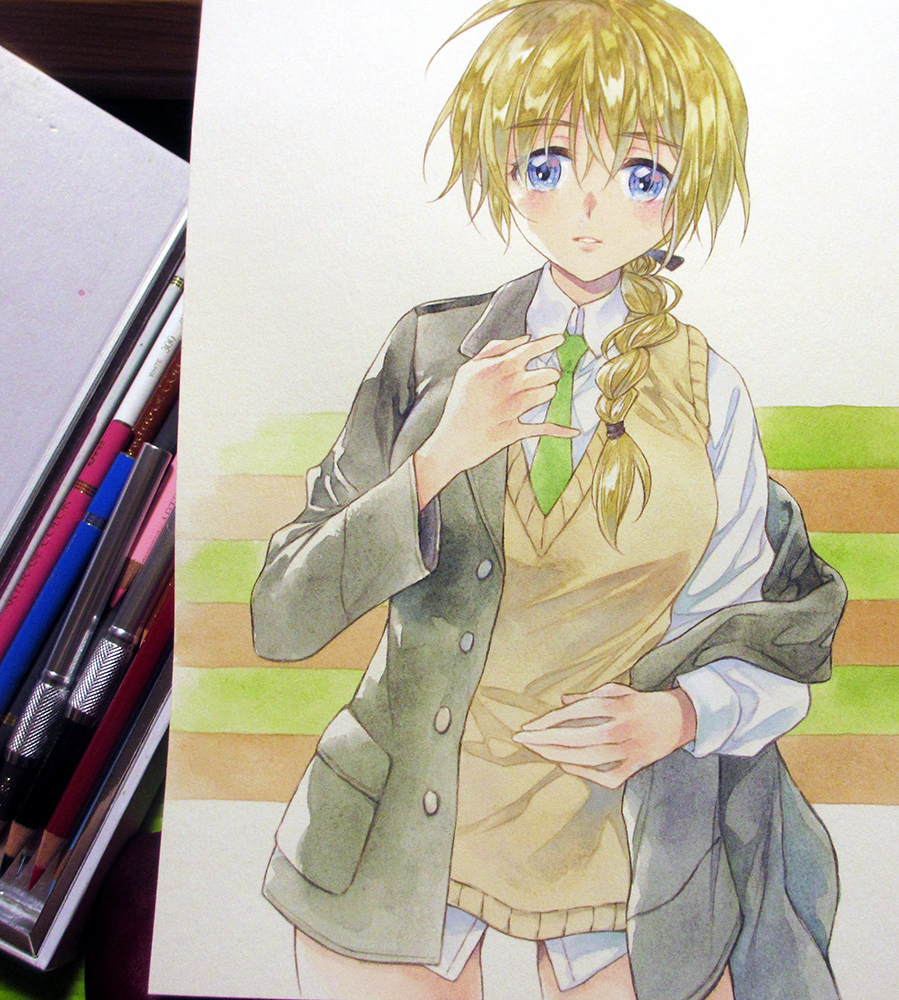 1girl agahari art_brush art_tools_in_frame black_jacket black_ribbon blonde_hair blue_eyes braid braided_ponytail breasts brown_sweater_vest collared_shirt commentary_request cowboy_shot green_necktie hair_over_one_eye hair_ribbon hand_up jacket large_breasts lynette_bishop necktie no_pants off_shoulder open_clothes open_jacket paintbrush painting_(medium) photo_(medium) ribbon shirt single_braid single_off_shoulder solo standing strike_witches sweater_vest traditional_media white_shirt world_witches_series