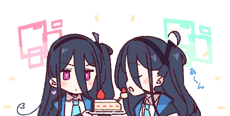 2girls aris_(blue_archive) blue_archive blue_eyes blue_hair blush cake coat coat_on_shoulders commentary_request food fruit green_halo halo kei_(blue_archive) multiple_girls red_eyes red_halo strawberry upper_body yoru_nai