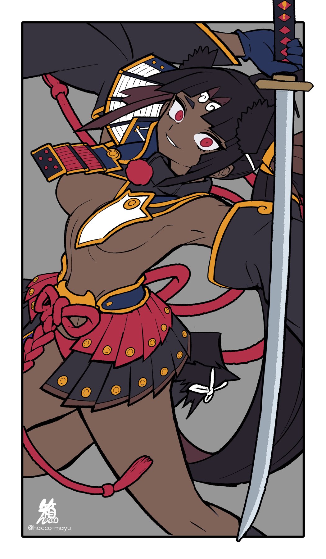 1girl armor black_hair breast_curtains breasts dark-skinned_female dark_skin detached_sleeves fate/grand_order fate_(series) feather_hair_ornament feathers grin hacco_mayu hair_bun hair_ornament hat highres japanese_armor katana long_hair looking_at_viewer medium_breasts panties parted_bangs red_eyes red_panties side_ponytail sidelocks single_side_bun smile solo sword thighs underwear ushiwakamaru_(corrupted)_(fate) ushiwakamaru_(fate) very_long_hair weapon wide_sleeves