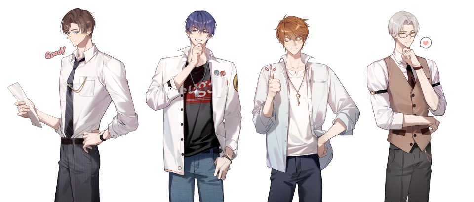 4boys artem_wing_(tears_of_themis) black_necktie black_pants black_shirt blue_hair blue_pants brown_eyes brown_hair brown_vest collared_shirt commentary_request diagonal-striped_clothes diagonal-striped_necktie dress_shirt grey_hair hand_on_own_hip heart luke_pearce_(tears_of_themis) male_focus marius_von_hagen_(tears_of_themis) menu_(shuzinnkoutyan_) multiple_boys multiple_girls necktie notice_lines open_clothes open_shirt pants parted_bangs shirt simple_background spoken_heart striped_clothes tears_of_themis thumbs_up vest vyn_richter_(tears_of_themis) white_background white_shirt