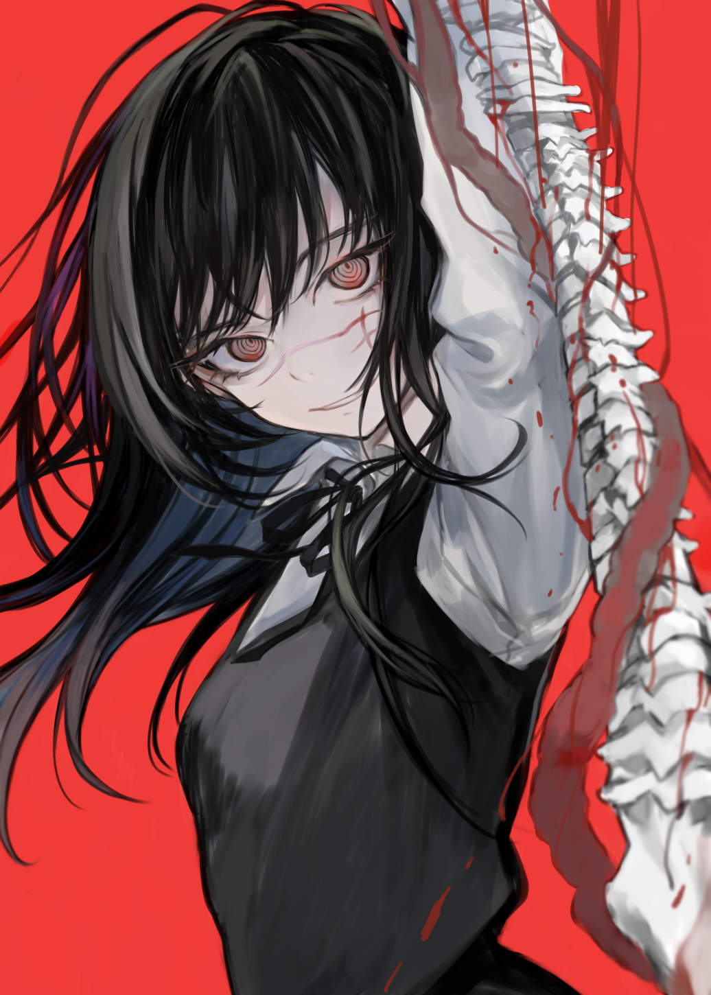 1girl arm_up black_hair black_ribbon black_vest blood chainsaw_man hasunokaeru highres long_hair long_sleeves looking_at_viewer neck_ribbon parted_lips red_background red_eyes ribbon ringed_eyes scar scar_on_face shirt simple_background smile solo spine upper_body vest white_shirt yoru_(chainsaw_man)
