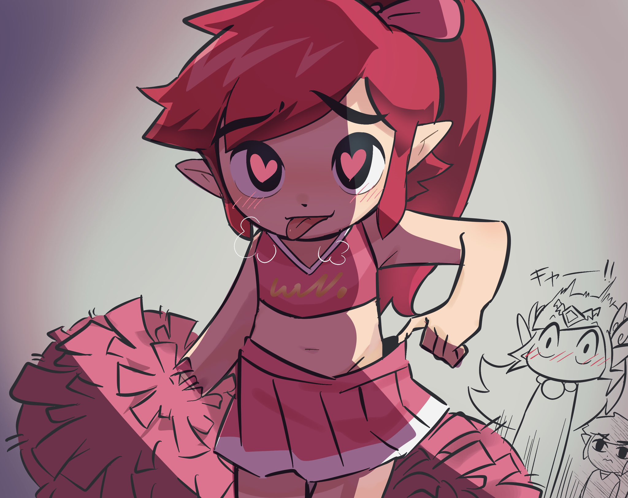 1girl 2boys black_eyes blush bow breath cheerleader cheerleader_link clothes_pull crop_top crossdressing hair_bow heart heart-shaped_pupils highres holding holding_pom_poms link long_hair looking_at_viewer multiple_boys navel nintendo official_alternate_costume partially_colored pink_bow pink_skirt pleated_skirt pointy_ears pom_pom_(cheerleading) pom_poms ponytail princess_zelda pulling_own_clothes red_hair sidelocks skirt skirt_pull sleeveless symbol-shaped_pupils the_legend_of_zelda the_legend_of_zelda:_tri_force_heroes tongue tongue_out toon_link toon_zelda trap v-neck wakimae62 wide-eyed