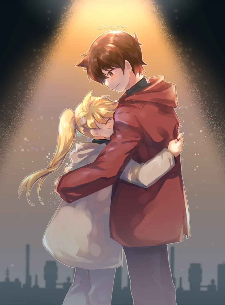 1boy 1girl blonde_hair blush brown_hair closed_eyes closed_mouth commentary_request from_side height_difference highres hood hooded_jacket hug jacket long_sleeves nintendo pants pokemon pokemon_adventures ponytail red_(pokemon) red_eyes red_jacket short_hair silhouette smile tachiuo_(arines) yellow_(pokemon)