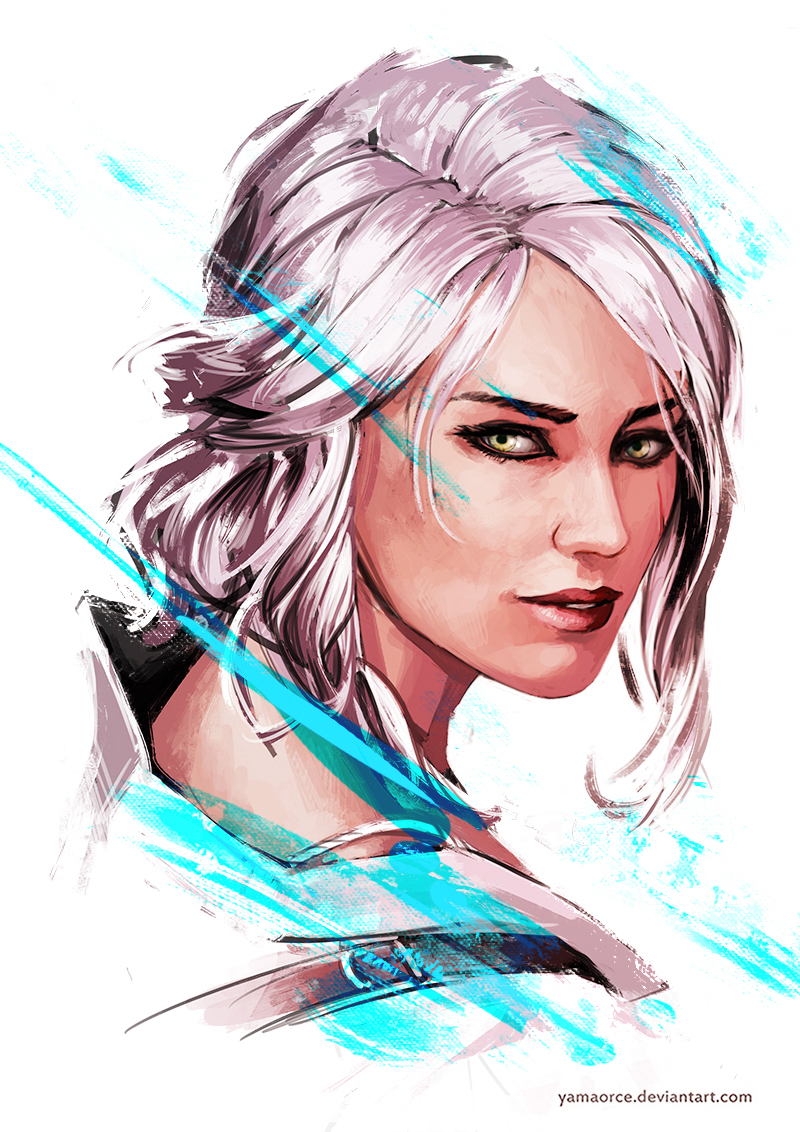 1girl artist_name ciri deviantart_username green_eyes looking_at_viewer portrait solo the_witcher_(series) watermark web_address white_hair yama_orce