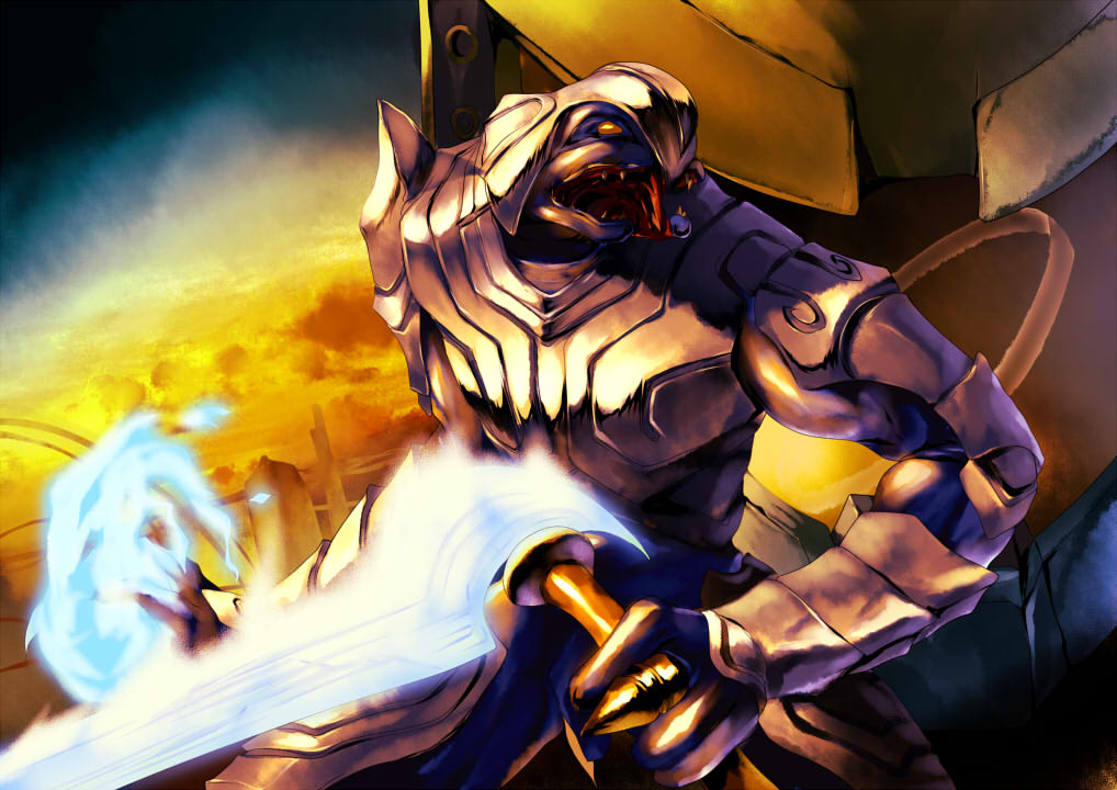 animification arbiter armor energy_sword explosive halo_(game) halo_(series) no_humans okonogi_noi orange_eyes sangheili solo sword weapon