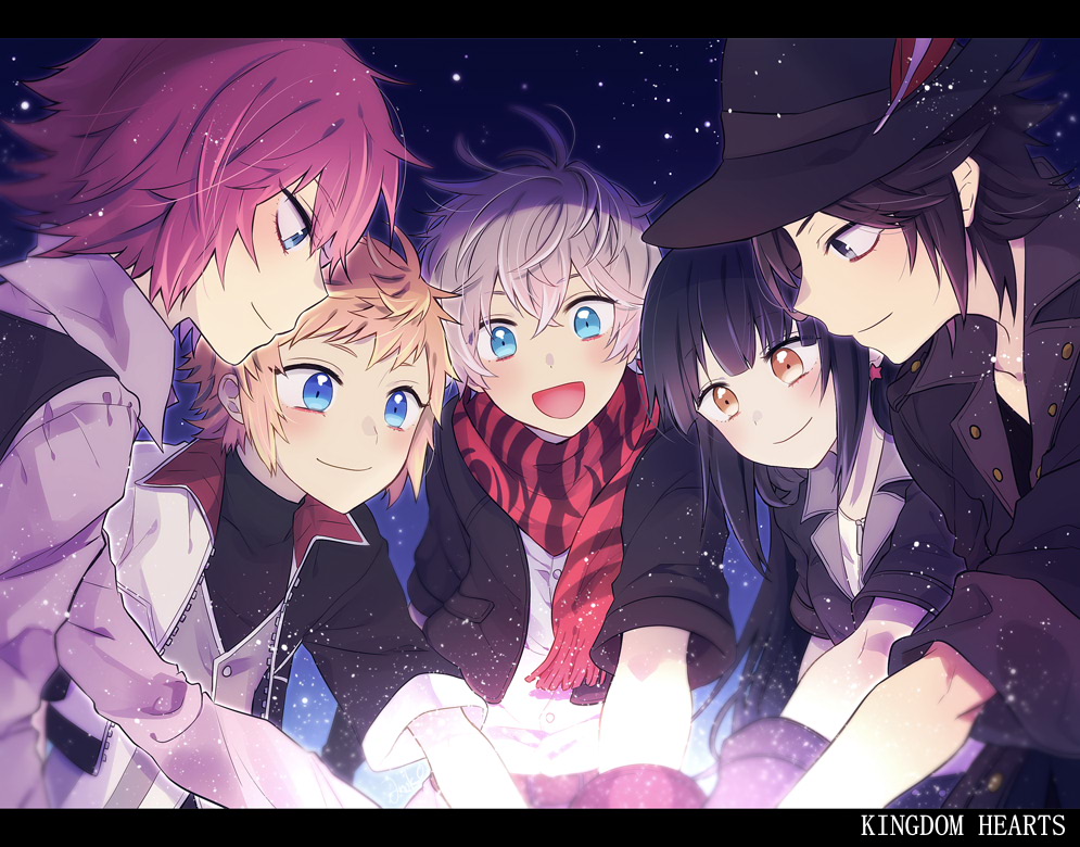 1girl 4boys anoko_(darenokoanoko) aqua_eyes black_eyes black_gloves black_hair black_hat black_jacket black_vest blue_eyes brain_(kingdom_hearts) brown_eyes collared_shirt commentary_request copyright_name ephemer_(kingdom_hearts) gloves grey_hair hat hat_feather jacket kingdom_hearts kingdom_hearts_x lauriam long_hair multiple_boys open_mouth pink_hair profile red_scarf scarf shirt skuld_(kingdom_hearts) smile ventus_(kingdom_hearts) vest