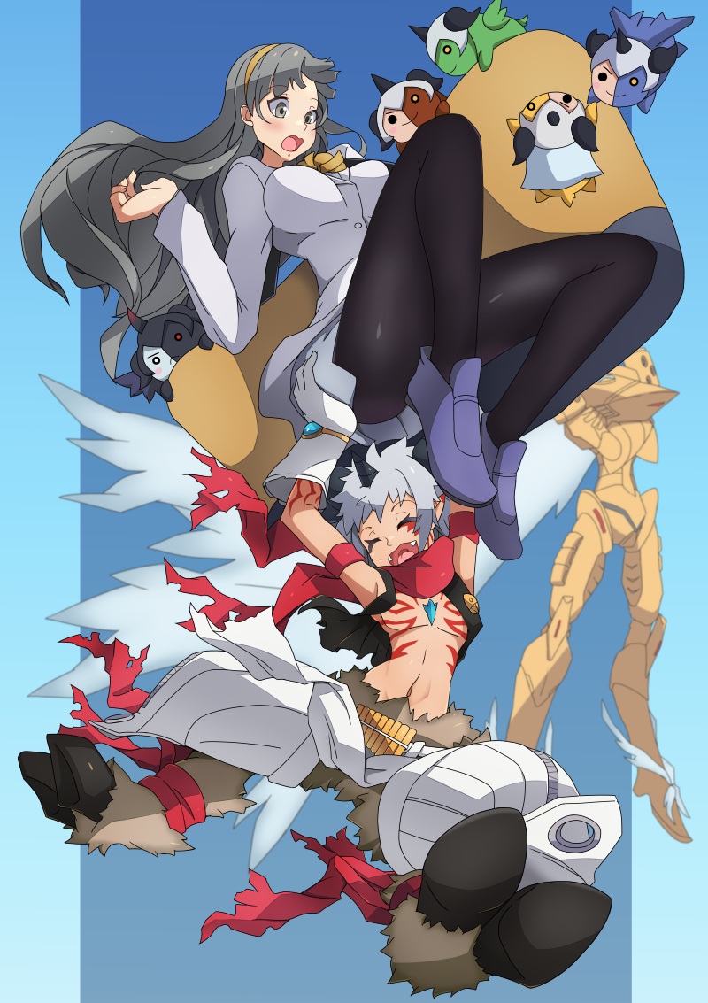 1girl 2boys aegiochusmon aegiochusmon_blue aegiochusmon_dark aegiochusmon_green aegiochusmon_holy aegiomon animal_feet bag black_pantyhose black_vest chest_jewel closed_eyes digimon digimon_story:_time_stranger evolutionary_line facial_mark goat_horns grey_hair horns jupitermon long_hair miniskirt misono_inori missing_commentary multiple_boys no_shirt pantyhose roy_payne shirt short_hair skirt vest white_shirt