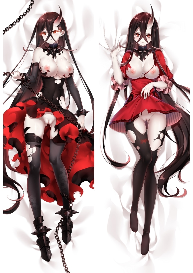 1girl abyssal_ship battleship_water_oni black_dress black_hair black_pantyhose black_thighhighs breasts cleft_of_venus colored_skin dakimakura_(medium) detached_sleeves dress hair_between_eyes horns kantai_collection large_breasts long_hair lying moeanime nipples on_back pantyhose puffy_short_sleeves puffy_sleeves pussy red_dress red_eyes short_sleeves single_horn thighhighs torn_clothes torn_pantyhose torn_thighhighs uncensored very_long_hair white_skin
