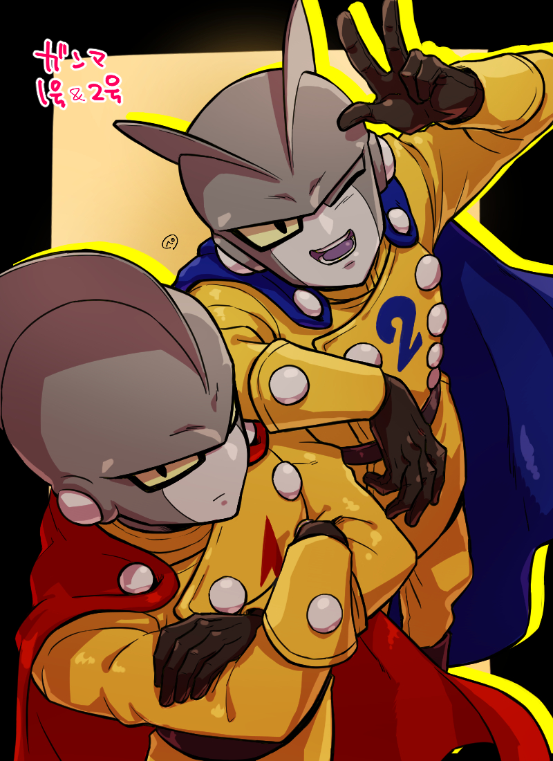 2boys android arm_on_another&#039;s_shoulder black_border black_gloves blue_cape border buttons cape colored_sclera colored_skin colored_tongue commentary_request crossed_arms double-breasted dragon_ball dragon_ball_super dragon_ball_super_super_hero floating_cape from_above gamma_1 gamma_2 gloves grey_skin kasiwamoti11 looking_at_viewer looking_up male_focus multiple_boys one_eye_closed open_mouth purple_tongue red_cape shark_fin smile yellow_sclera
