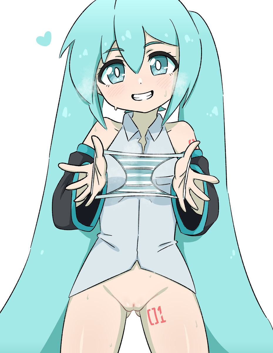 1girl aged_down ass blue_eyes blue_hair blush cleft_of_venus female_focus hatsune_miku heart jua long_hair nose panties pussy pussy_juice_stain simple_background smile solo stain standing steam sweat tattoo underwear vocaloid wet wet_clothes wet_panties white_background