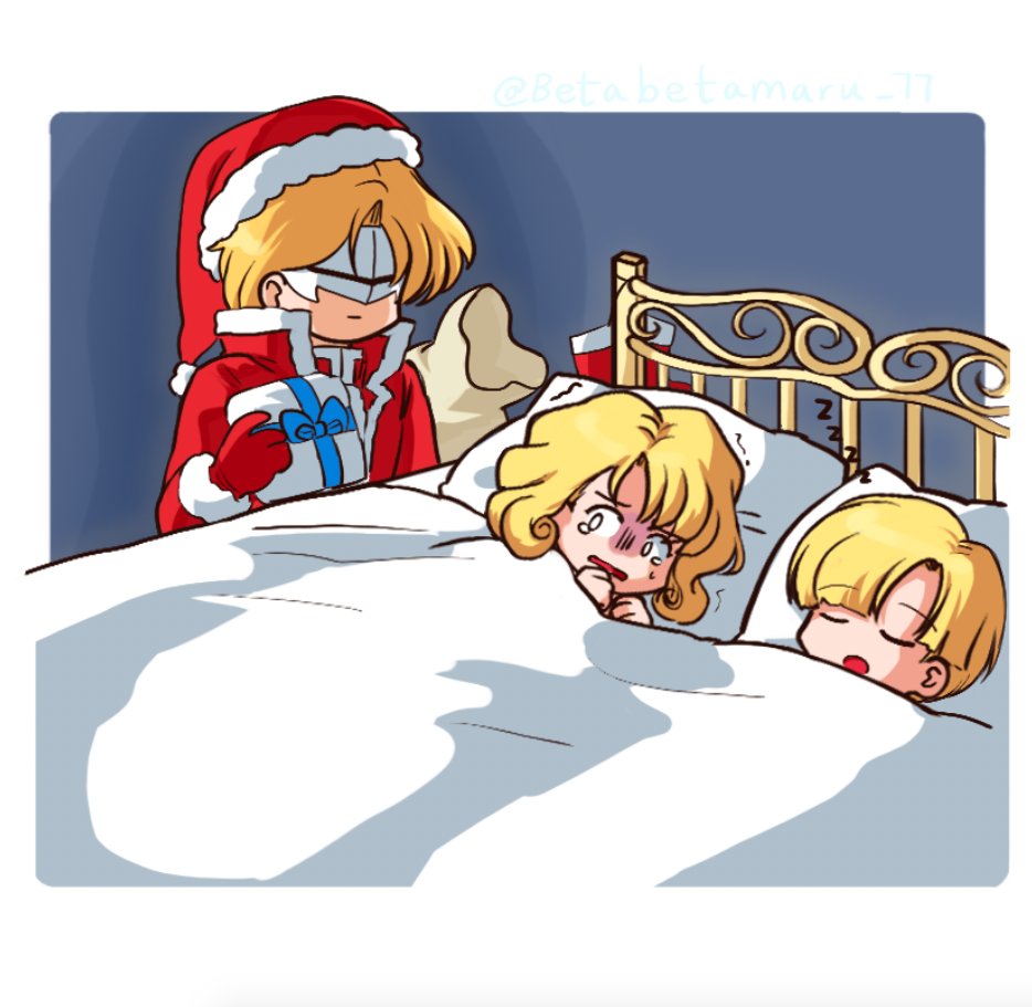 betabetamaru blonde_hair camus_(fire_emblem) fire_emblem fire_emblem:_mystery_of_the_emblem fire_emblem:_new_mystery_of_the_emblem gift gloves hat jubelo_(fire_emblem) mask nintendo sack santa_costume santa_gloves santa_hat scared sleeping yuliya_(fire_emblem)