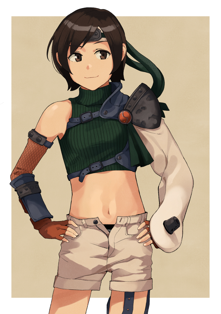 1girl arm_guards armor breasts brown_eyes brown_hair closed_mouth commentary cropped_sweater elbow_gloves final_fantasy final_fantasy_vii fingerless_gloves gloves green_sweater hands_on_own_hips headband makio_(makiomeigenbot) open_fly orange_gloves ribbed_sweater short_hair shorts shoulder_armor simple_background sleeveless sleeveless_turtleneck small_breasts solo sweater symbol-only_commentary turtleneck two-tone_background yuffie_kisaragi