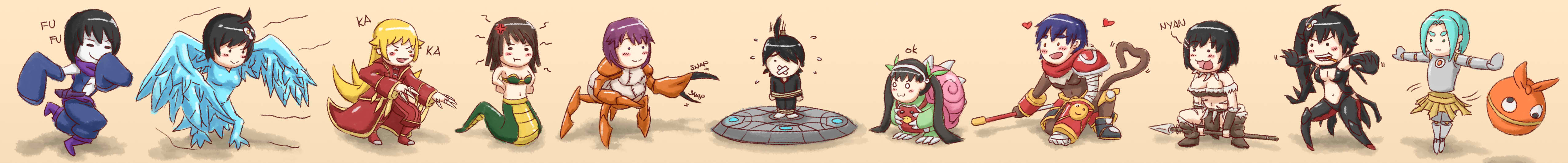 1boy absurdres ahoge anger_vein angry anivia anivia_(cosplay) aqua_hair araragi_karen araragi_koyomi araragi_tsukihi bird black_hair blonde_hair blush bound breasts cassiopeia_(league_of_legends) cassiopeia_du_couteau_(cosplay) cleavage cosplay crab hachikuji_mayoi hanekawa_tsubasa heart highres kanbaru_suruga lamia league_of_legends monkey monogatari_(series) monster_girl multiple_girls nidalee nidalee_(cosplay) ononoki_yotsugi oshino_ougi oshino_shinobu polearm ponytail purple_hair rammus rammus_(cosplay) ribbon scalizo scarf sengoku_nadeko senjougahara_hitagi short_hair smile snake spear thick_eyebrows tied_up toothbrush turtle twintails urgot urgot_(cosplay) vladimir_(league_of_legends) vladimir_(league_of_legends)_(cosplay) weapon worried wukong_(league_of_legends) wukong_(league_of_legends)_(cosplay)