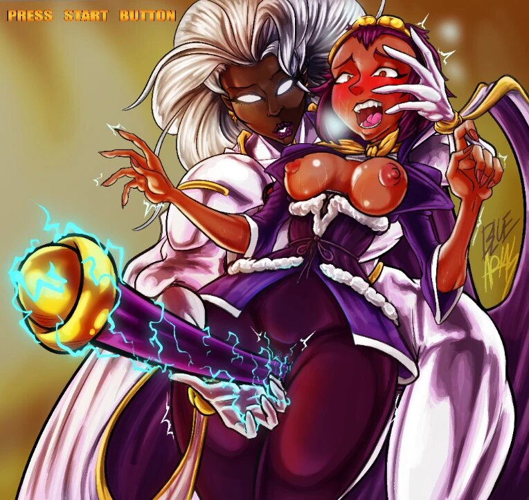 2girls ahegao alternate_color artist_name between_thighs blue_arms blush bodysuit breasts breasts_out brown_eyes brown_hair capcom cape crossover crotch_rub curvy dark-skinned_female dark_skin electricity fangs fingernails forehead gloves leggings long_fingernails long_hair marvel marvel_vs._capcom marvel_vs._capcom_2 monkey_girl multiple_girls nipples no_pupils open_clothes open_mouth shiny_skin short_hair sonson sonson_(series) staff steaming_body storm_(x-men) thick_thighs thighs white_hair wide_hips x-men yuri