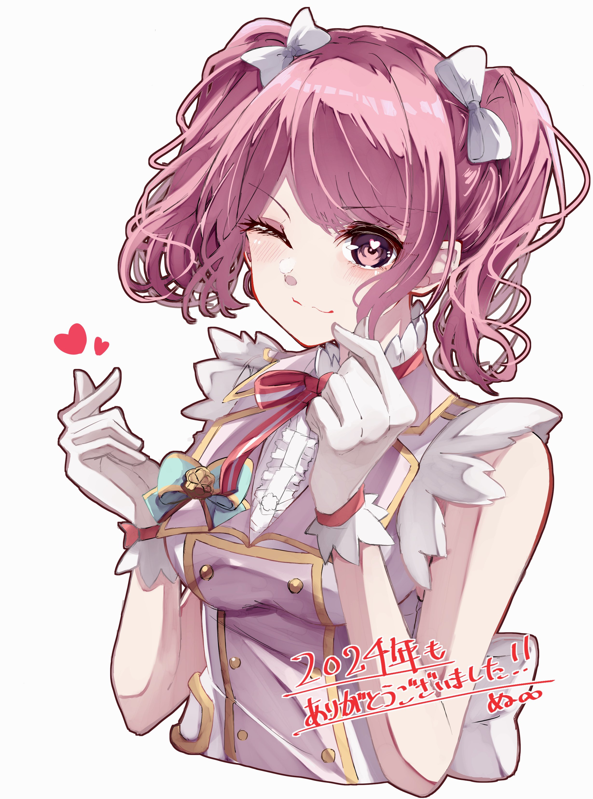 1girl :3 absurdres bang_dream! blush bow breasts center_frills closed_mouth cropped_torso double_finger_heart finger_heart frills gloves hair_bow heart heart_in_eye highres looking_at_viewer maruyama_aya medium_breasts neck_ribbon nuruponnu one_eye_closed pink_eyes pink_hair pink_shirt red_ribbon ribbon shirt simple_background sleeveless solo symbol_in_eye translation_request twintails upper_body white_background white_bow white_gloves