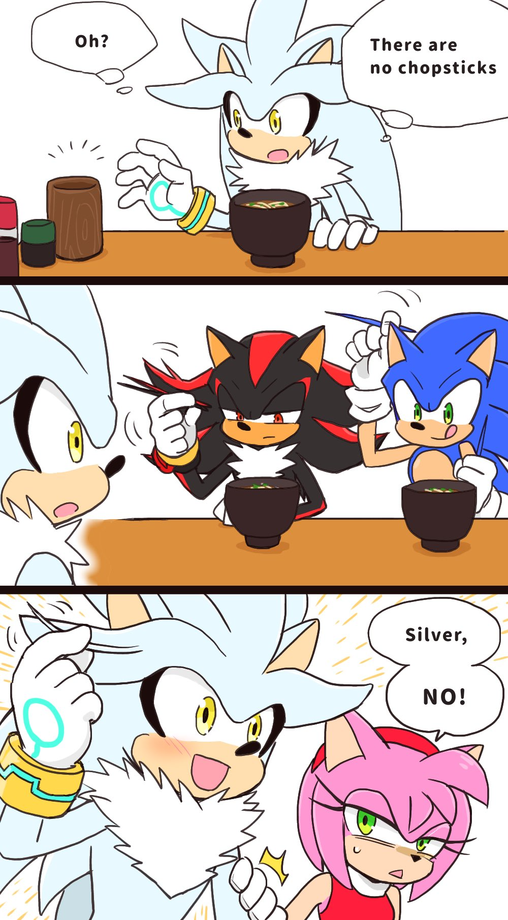 3koma amy_rose black_fur black_hair blue_fur blue_hair blush chopsticks comic dress eating food gloves green_eyes grey_fr grey_hair highres noodles pink_fur pink_hair ramen red_eyes restaurant sega shadow_the_hedgehog silver_the_hedgehog smile sonic_(series) sonic_the_hedgehog spiked_hair yellow_eyes yotsumeddd