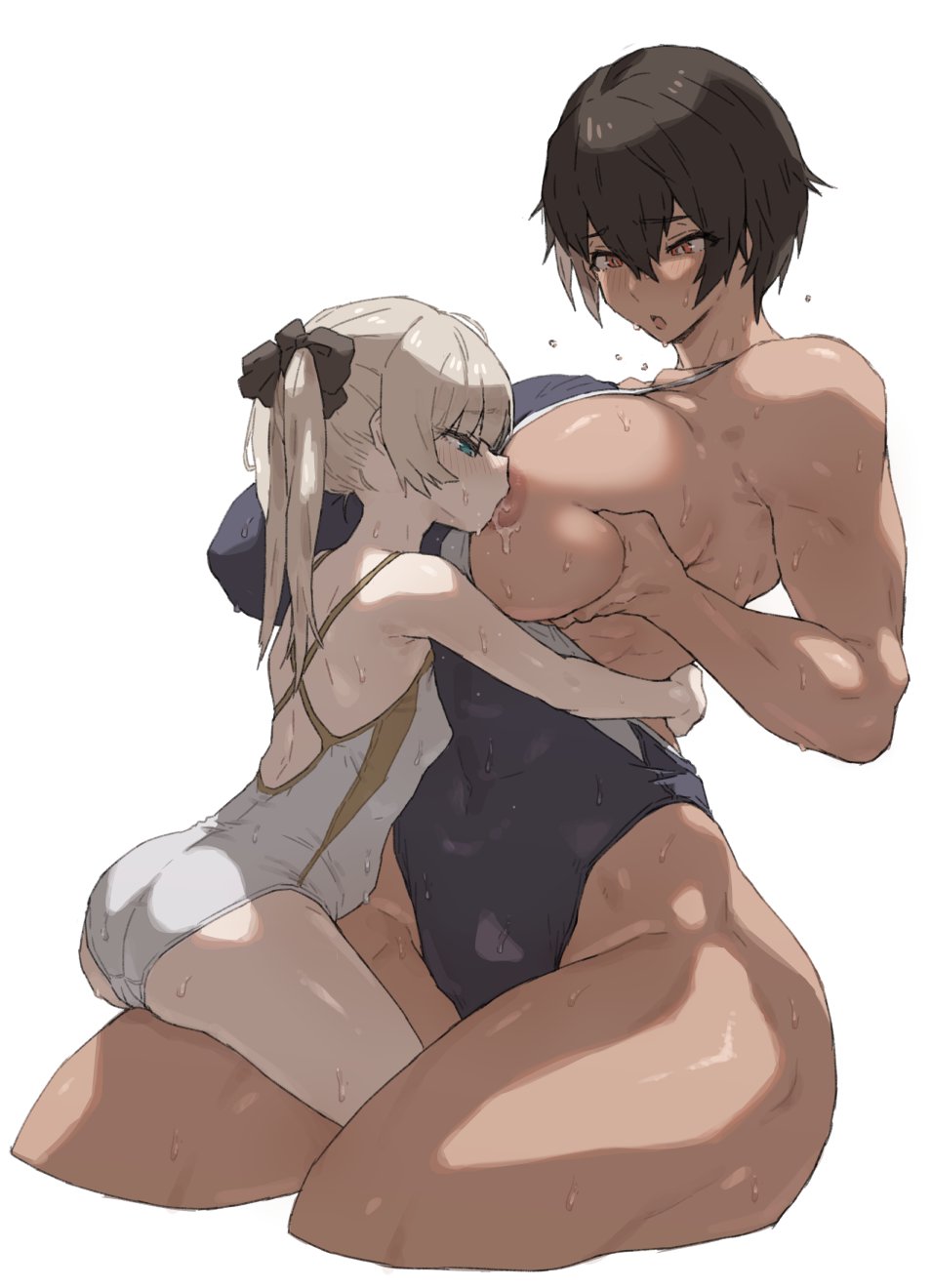 2girls blonde_hair blue_eyes breasts brown_hair carrying carrying_person competition_school_swimsuit dark-skinned_female dark_skin gym_uniform height_difference highres humping kei_(m_k) large_breasts long_hair m_k multiple_girls original red_eyes rika_(m_k) school_swimsuit short_hair simple_background size_difference straddling sweat swimsuit tall_female tan thigh_straddling tomboy yuri