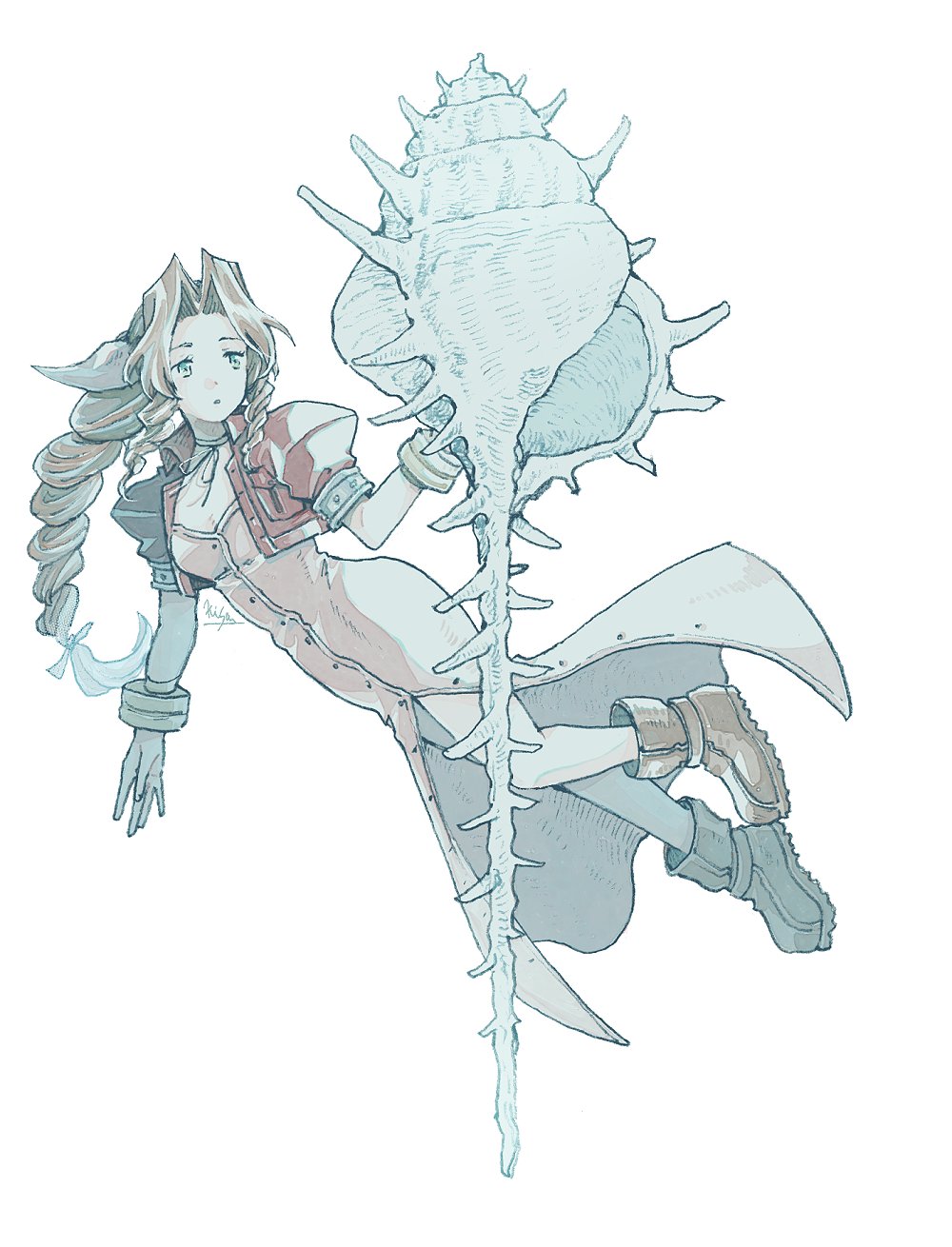 1girl aerith_gainsborough bangle boots bracelet braid braided_ponytail breasts brown_boots brown_hair buttons center_opening choker cleavage conch cropped_jacket dress final_fantasy final_fantasy_vii floating full_body green_eyes hair_ribbon highres jacket jewelry long_dress long_hair medium_breasts michibata_65 parted_bangs parted_lips pink_dress pink_ribbon puffy_short_sleeves puffy_sleeves red_jacket ribbon ribbon_choker seashell shell short_sleeves sidelocks single_braid solo white_background