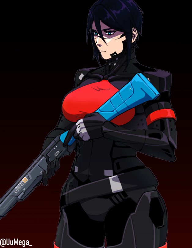 1girl android angry anti-materiel_rifle belt black_hair breasts bw-5_nitro_express cyberpunk double-barreled_rifle elephant_gun elster_(signalis) gun joints metal_skin multiple-barrel_gun nigneim-eul_seoljeonghae_juseyou over-and-under-barreled_rifle rifle robot_girl robot_joints science_fiction short_hair signalis sniper_rifle solo weapon