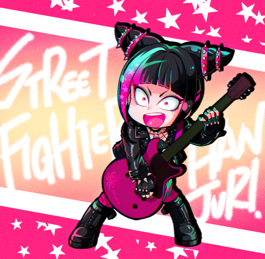 animal_print biker_clothes black_gloves boots bracelet character_name chibi collar commentary_request copyright_name drill_hair electric_guitar english_text fingerless_gloves gloves gradient_background guitar hair_horns hair_ornament han_juri holding holding_instrument instrument jacket jewelry leather marimo_(yousei_ranbu) multicolored_hair open_mouth pink_hair spider_print spiked_bracelet spiked_collar spikes street_fighter street_fighter_v studded_jacket twin_drills two-tone_hair