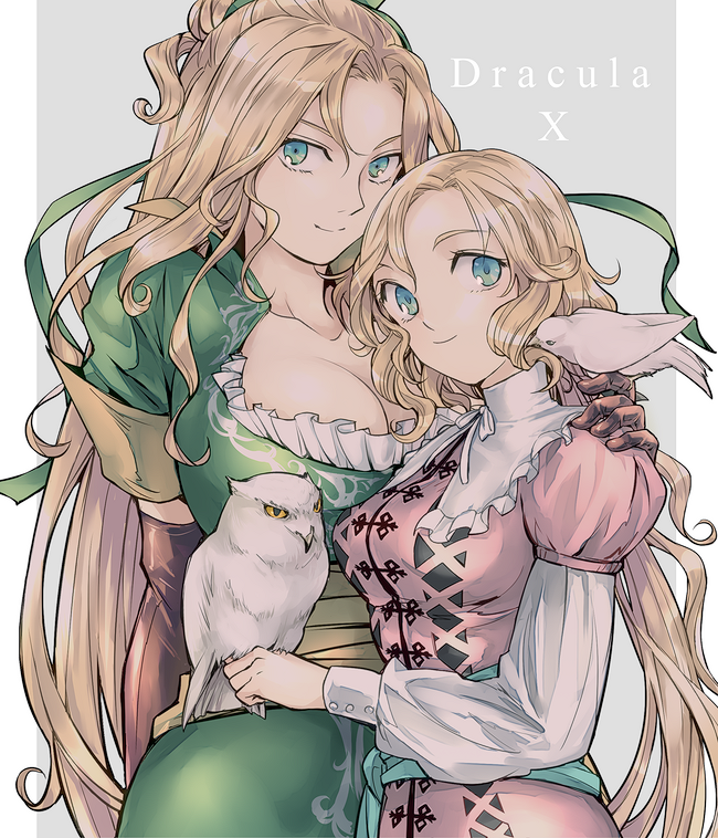 1girl bird blonde_hair breasts brown_gloves castlevania:_dracula_x_chronicles castlevania:_symphony_of_the_night castlevania_(series) dress dual_persona gloves green_dress green_eyes green_ribbon grel_(r6hgvu5) hair_ribbon light_smile long_hair looking_at_viewer maria_renard owl pigeon ponytail ribbon