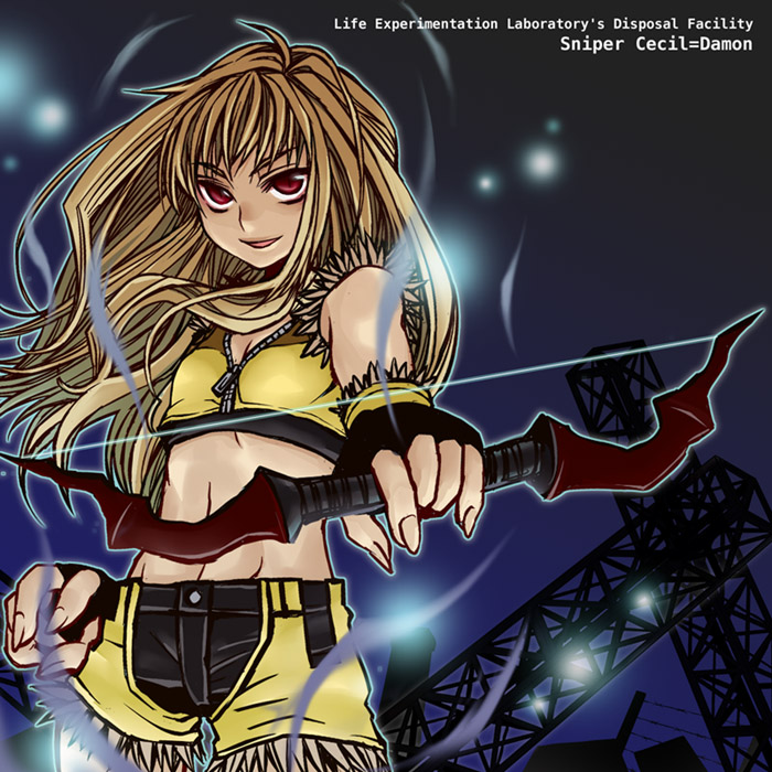 1girl bio_lab blonde_hair bow_(weapon) breasts brown_gloves brown_shirt brown_shorts cecil_damon character_name commentary_request cowboy_shot crop_top english_text fingerless_gloves fur-trimmed_gloves fur-trimmed_shirt fur-trimmed_shorts fur_trim gloves holding holding_bow_(weapon) holding_weapon long_hair looking_at_viewer midriff navel open_mouth ragnarok_online red_eyes shirt short_shorts shorts sleeveless sleeveless_shirt small_breasts sniper_(ragnarok_online) solo sptbird two-tone_gloves two-tone_shirt two-tone_shorts weapon yellow_gloves yellow_shirt yellow_shorts