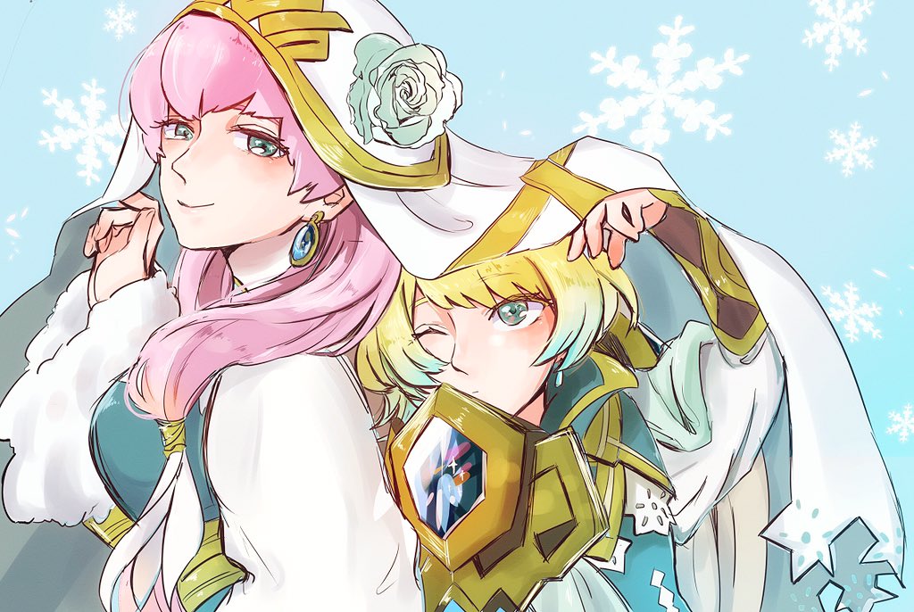 2girls blonde_hair blue_eyes blue_hair blush breasts cape crown dress earrings feather_trim fire_emblem fire_emblem_heroes fjorm_(fire_emblem) flower fur_trim gradient_hair gunnthra_(fire_emblem) hoshigaki_(hsa16g) hug jewelry large_breasts long_hair low_twintails multicolored_hair multiple_girls nintendo pink_hair short_hair siblings simple_background sisters smile twintails veil