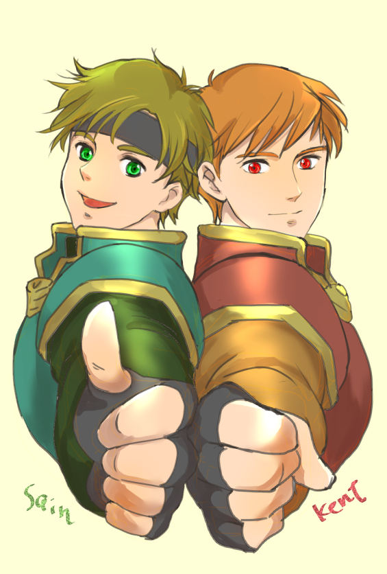 2boys arnor brown_hair fire_emblem fire_emblem:_the_blazing_blade green_eyes headband kent_(fire_emblem) long_sleeves looking_at_viewer multiple_boys nintendo orange_hair outstretched_arm red_eyes sain_(fire_emblem) thumbs_up yukiot_main