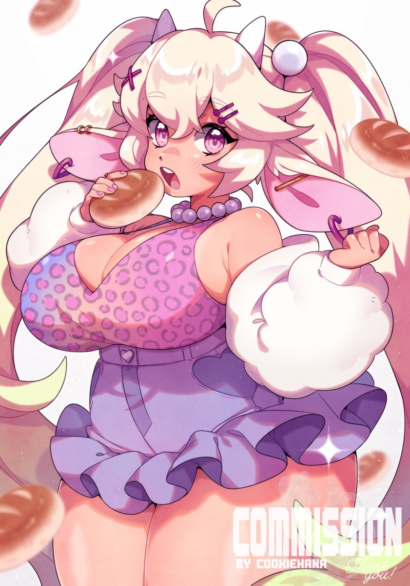 1girl :o agejo_gyaru animal_ear_piercing animal_ears animal_print artist_name barbell_piercing bare_shoulders blonde_hair borrowed_character bra bread breasts cleavage clenched_hand commission cookie_hana detached_sleeves double-parted_bangs ear_piercing earrings eating food frilled_shorts frills goat_ears goat_horns gyaru hair_ornament hairclip hands_up high-waist_shorts highres holding holding_food hoop_earrings horns huge_breasts industrial_piercing jewelry legs_together leopard_print long_hair looking_at_viewer melon_bread multicolored_bra multicolored_clothes nail_polish open_mouth original pearl_choker piercing pink_eyes pink_nails plump puffy_sleeves raised_eyebrows shorts skort solo split_mouth standing teeth thank_you three_quarter_view twintails underwear upper_teeth_only very_long_hair watermark white_sleeves x_hair_ornament