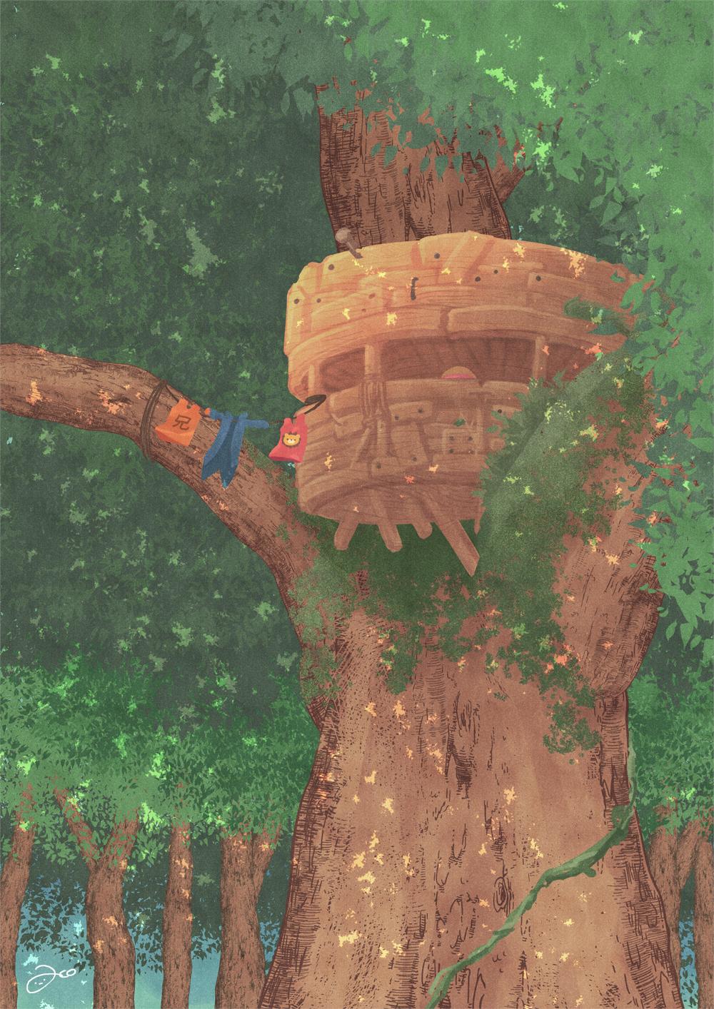 aco_peda blue_jacket commentary_request hat highres hut jacket nail_(hardware) one_piece orange_shirt red_shirt shirt sky straw_hat tree