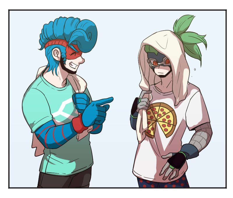 2boys alternate_costume arms_(game) chain colk_(colk_com) domino_mask food gloves green_hair mask multiple_boys ninjara_(arms) nintendo open_mouth pizza pointing ponytail print_shirt red_eyes shirt smile spring_man_(arms) towel wet wet_hair white_background