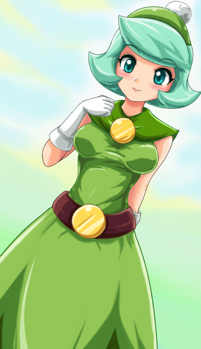 1girl arm_behind_back belt blue_eyes blush breasts breasts_apart brown_belt buckle dress dutch_angle female_focus gloves green_dress green_hair green_hat hat light_smile looking_at_viewer matching_hair/eyes medium_breasts nintendo queen queen_merelda short_hair sigurd_hosenfeld sky sleeveless sleeveless_dress smile solo standing wario_land wario_land:_shake_it! white_gloves