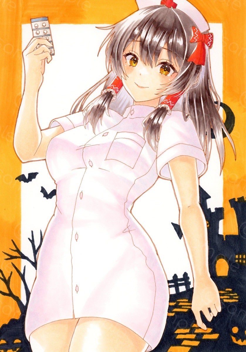 alternate_costume breasts brown_eyes brown_hair commentary_request dress hair_between_eyes hair_ribbon hair_tubes hakurei_reimu hat holding holding_pill kapibaradon0405 looking_at_viewer medium_breasts nurse nurse_cap ribbon sample_watermark short_sleeves smile thighs touhou traditional_media watermark white_dress