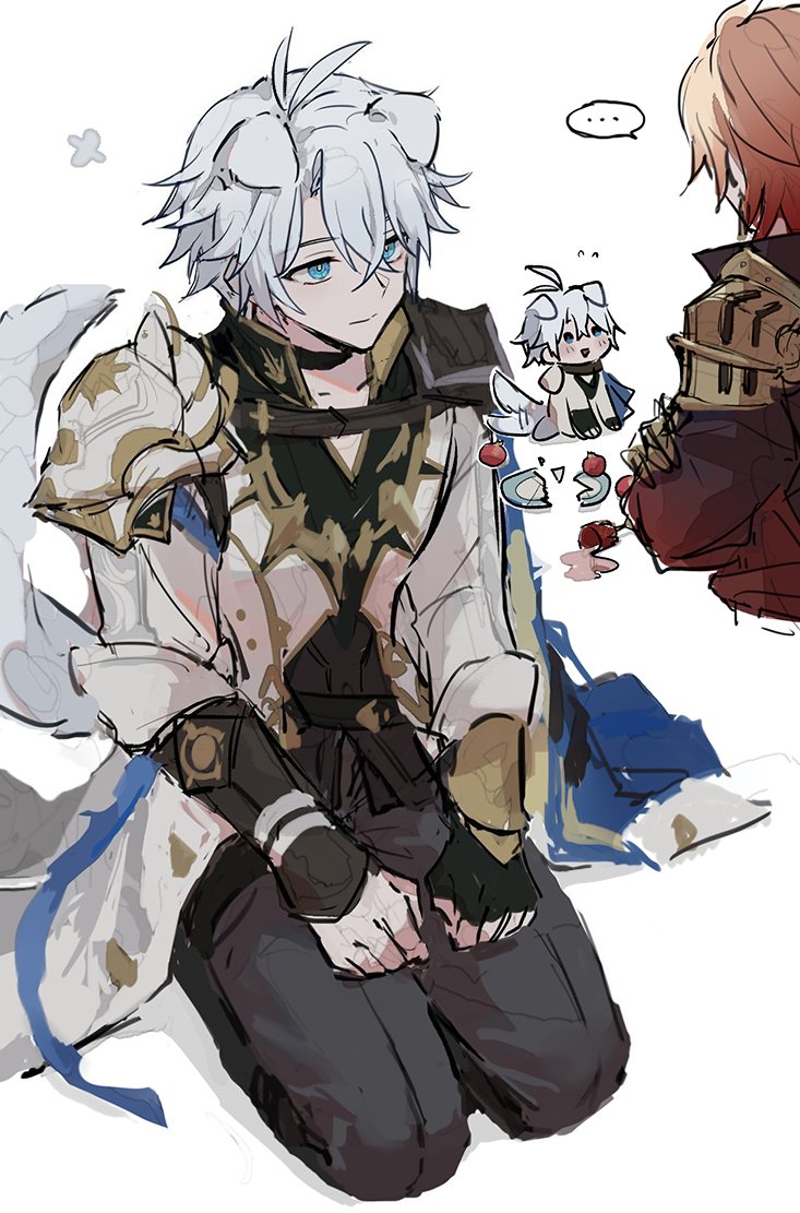 ... 2boys animal_ears antenna_hair armor black_choker black_coat black_gloves black_pants black_shirt blonde_hair blue_eyes broken_plate chibi choker coat collared_shirt crossed_arms dog_boy dog_ears dog_tail fingerless_gloves gloves gradient_hair honkai:_star_rail honkai_(series) kneeling looking_at_another male_focus mu4807119040930 multicolored_hair multiple_boys mydei_(honkai:_star_rail) pants pauldrons phainon_(honkai:_star_rail) plate red_hair shirt short_hair shoulder_armor simple_background single_glove single_pauldron spoken_ellipsis tail tail_wagging white_background white_coat white_hair