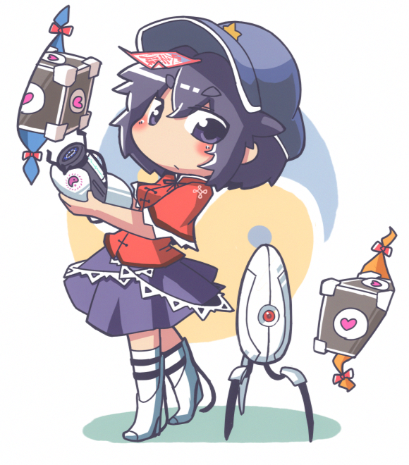 1girl aperture_science_advanced_knee_replacement aperture_science_handheld_portal_device aperture_science_weighted_companion_cube blue_eyes blue_hair female_focus gap_(touhou) hat heart hekoningyou_(waraningyou) jiangshi matching_hair/eyes miyako_yoshika ofuda portal_(series) portal_1 sentry_turret_(portal) short_hair solo star_(symbol) touhou yin_yang