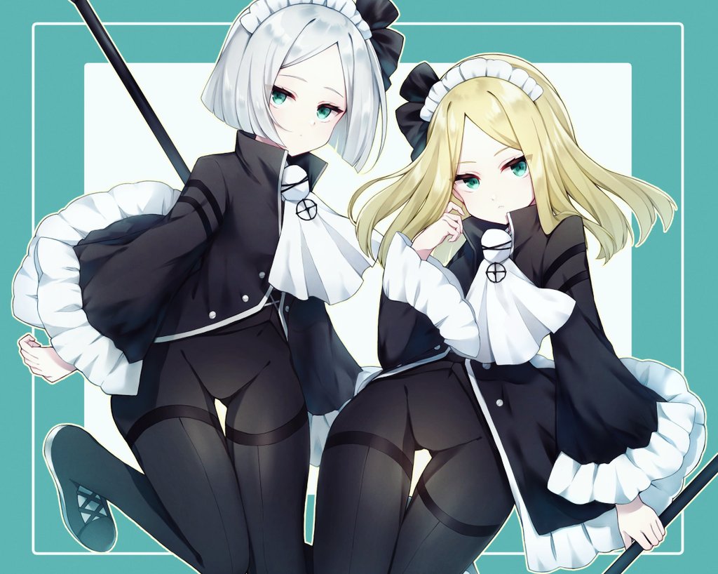 2girls aqua_background ascot black_bodysuit black_bow black_footwear black_jacket blue_eyes bodysuit boots bow closed_mouth covered_navel frilled_sleeves frills hair_bow holding holding_polearm holding_weapon jacket library_of_ruina long_hair long_sleeves looking_at_viewer maid_headdress mikoto0x0 multiple_girls pamela_(project_moon) pameli_(project_moon) polearm project_moon short_hair thigh_boots weapon white_ascot wide_sleeves