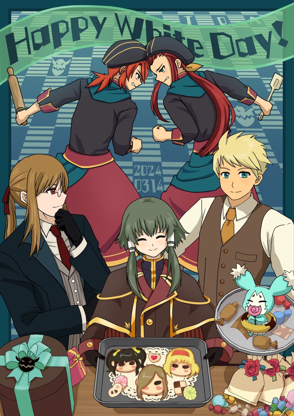2024 5boys ^_^ androgynous anise_tatlin asch_(tales) baking_sheet black_gloves blonde_hair blue_border blue_eyes blue_suit border brown_capelet brown_hair brown_suit candy capelet character_cookie clenched_teeth closed_eyes closed_mouth commentary_request dated eye_contact food formal_clothes gift glasses gloves gold_trim green_hair guy_cecil highres holding holding_rolling_pin holding_spatula ion_(tales) jade_curtiss komegura long_hair looking_at_another looking_at_viewer luke_fon_fabre male_focus mieu_(tales) multiple_boys natalia_luzu_kimlasca_lanvaldear necktie outside_border red_eyes red_hair red_necktie rolling_pin short_hair smile spatula suit tales_of_(series) tales_of_the_abyss tear_grants teeth v-shaped_eyebrows white_bag