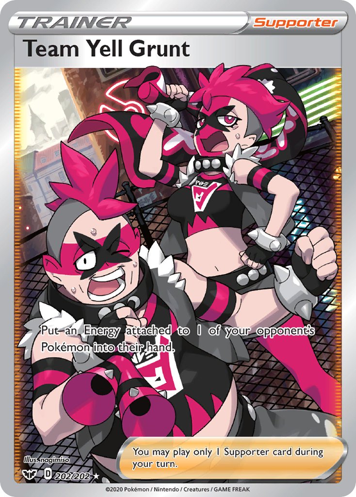 1boy 1girl artist_name black_choker black_gloves black_shirt bracelet card_(medium) chain-link_fence character_name choker company_name copyright_name copyright_notice crop_top english_text eyelashes facepaint fence fingerless_gloves gloves grey_jacket holding holding_towel jacket jewelry midriff mohawk nagimiso navel nintendo official_art open_clothes open_jacket open_mouth pink_eyes pink_hair poke_ball_symbol pokemon pokemon_card pokemon_swsh pokemon_tcg shirt short_hair spiked_bracelet spikes sweat team_yell team_yell_grunt teeth third-party_source towel trading_card undercut very_short_hair
